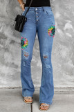 Sky Blue Tie Dye Sunflower Print Buttons Distressed Flare Jeans