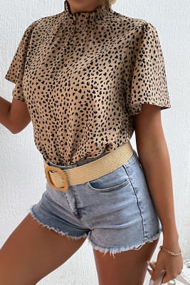 Leopard Print Half High Collar Short Sleeve Top Unishe Wholesale