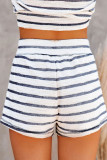 White Striped Print Drawstring High Waist Casual Shorts