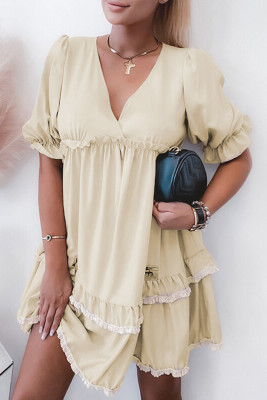 Apricot Tiered Ruffled Puff Sleeve V Neck Babydoll Dress