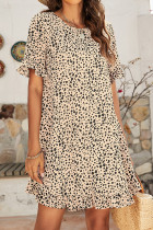 Leopard Print O-neck Short Sleeve Ruffles Dress Unishe Wholesale