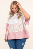 Pink Plus Size Striped Leopard Floral Mixed Prints Top