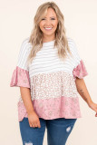 Pink Plus Size Striped Leopard Floral Mixed Prints Top