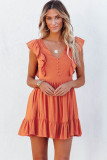 Orange V Neck Ruffles Open Back A-line Mini Dress