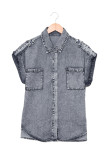 Gray Rolled Sleeve Buttoned Denim Shirt with Pocket