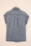 Gray Rolled Sleeve Buttoned Denim Shirt with Pocket