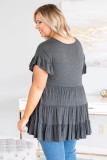Gray Tiered Ruffled Short Sleeve Plus Size Blouse