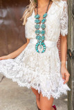 Floral Lace Crochet V Neck High Waist Mini Dress