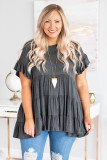 Gray Tiered Ruffled Short Sleeve Plus Size Blouse