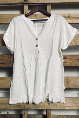 White Button Neck Short Sleeve Shirt Unishe Wholesale