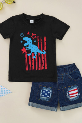 Independence Day Dinosaur Print Tee & Jeans Shorts Boy 2PCS Set Unishe Wholesale