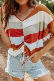 Multicolor Stripe V-Neck Ruffle Sleeve Ruched Top