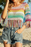 Color Striped Hollow Out Knitted Beach Ruffles Cover Up Unishe Wholesale