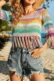 Color Striped Hollow Out Knitted Beach Ruffles Cover Up Unishe Wholesale