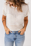 White Open Knit Hollow-out Short Sleeve Top