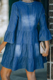 Blue Split V Neck Bell Sleeves Tiered Denim Dress