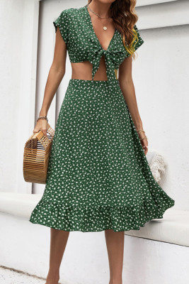 Floral V-neck Bow Top + Skirt Two-piece Set Unishe Wholesale 