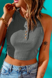 Gray Solid Color Buttons Ribbed Cropped Tank Top