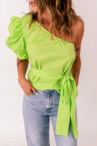 Lace-up Puff Sleeve One Shoulder Blouse
