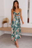 Green Floral Print Bust Knot Long Dress with Slit