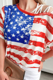 American Flag Crisscross Cold Shoulder Short Sleeve Top