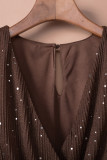 Brown Side Split Rhinestone V Neck Maxi Dress