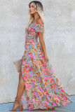 Sky Blue Floral Print Shirred Side Slit Off Shoulder Maxi Dress