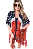 Red American Flag Floral Mixed Print Plus Size Kimono