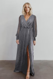 Gray Side Split Rhinestone V Neck Maxi Dress