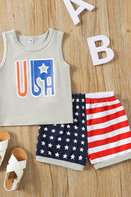 American Flag Print Vest & Shorts Boys 2PCS Set Unishe Wholesale