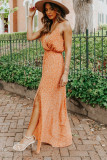 Orange Surplice Dotted Print Sleeveless Maxi Dress with Slit