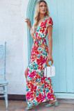 Rose Wrap V Neck Short Sleeve Floral Maxi Dress