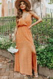 Orange Surplice Dotted Print Sleeveless Maxi Dress with Slit