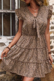 Leopard Print V Neck Ruffle Dress Unishe Wholesale