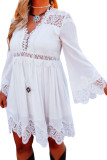 White Lace Splicing Ruffle Bell Sleeve V Neck Mini Dress