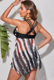 Stripe American Flag Print Mesh Sheer V Neck Tankini Set