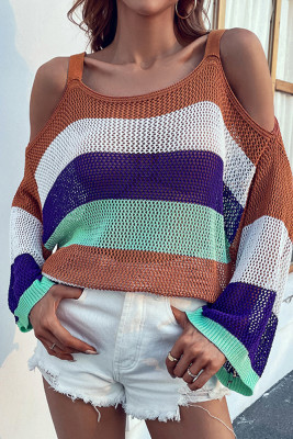 Hollow Out Stripes Cold Shoulder Sweater Unishe Wholesale