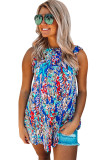Blue Floral Print Tank Top with Ruffles