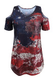 Cold Shoulder US Flag Print T Shirt