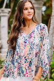Blue Floral Print Puffy Sleeve Loose Blouse