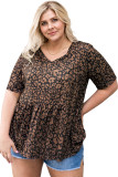 Black Leopard Print Ruffled V Neck Plus Size T-shirt