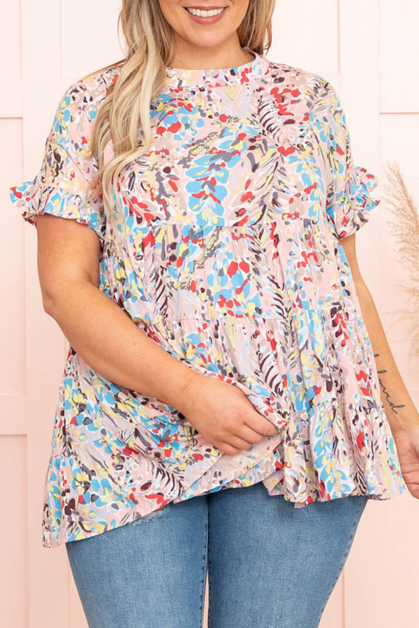 Pink Floral Print Tiered Ruffled Plus Size Blouse