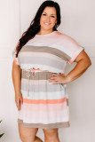 Striped Print Drawstring Short Sleeve Plus Size Dress