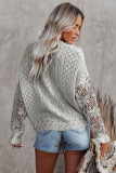 Gray Crochet Lace Pointelle Knit Sweater