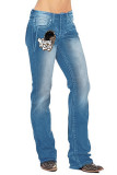 Game Day Helmet Leopard Print Straight Wash Jeans Pants