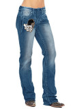 Game Day Helmet Leopard Print Straight Wash Jeans Pants