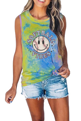 Softball Smiley Face Prtined Tie-Dye Round Collar Tank Top