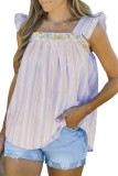 Sky Blue Embroidered Square Neck Striped Tank Top