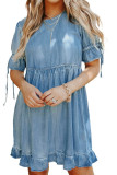 Blue High Waist Ruffled Denim Dress