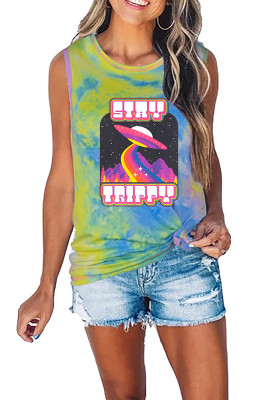 Stay Trippy UFO Neon Prtined Tie-Dye Round Collar Tank Top